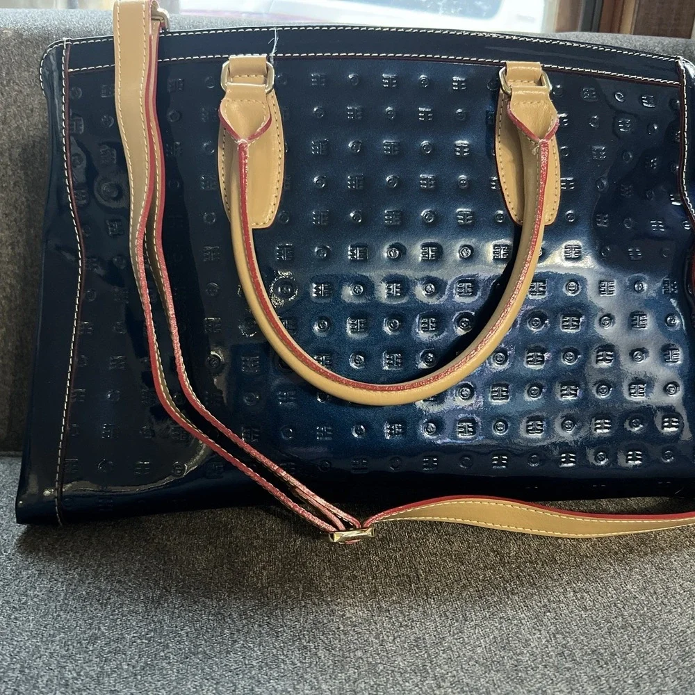 Arcadia Satchel Bag Womens Large Navy Blue Embossed Patent Leather Made in Italy